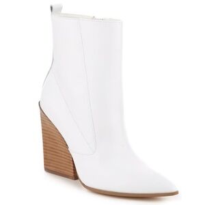 BLEECKER & BOND Kailey Leather Booties Stacked Wooden Heel White Boots